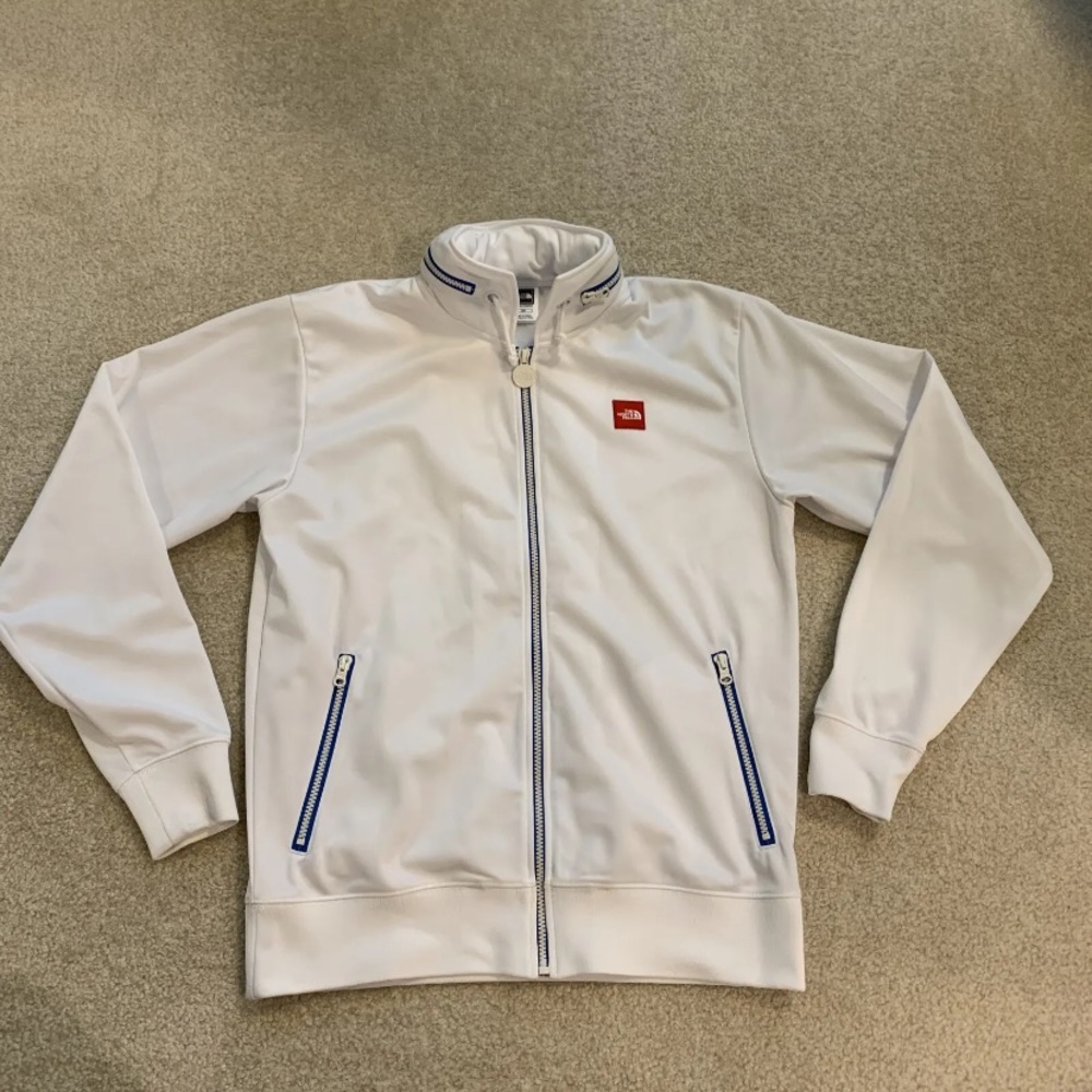 The North Face Full Zip Hooded White Jacket Pockets Mens Size S Red Logo Japan